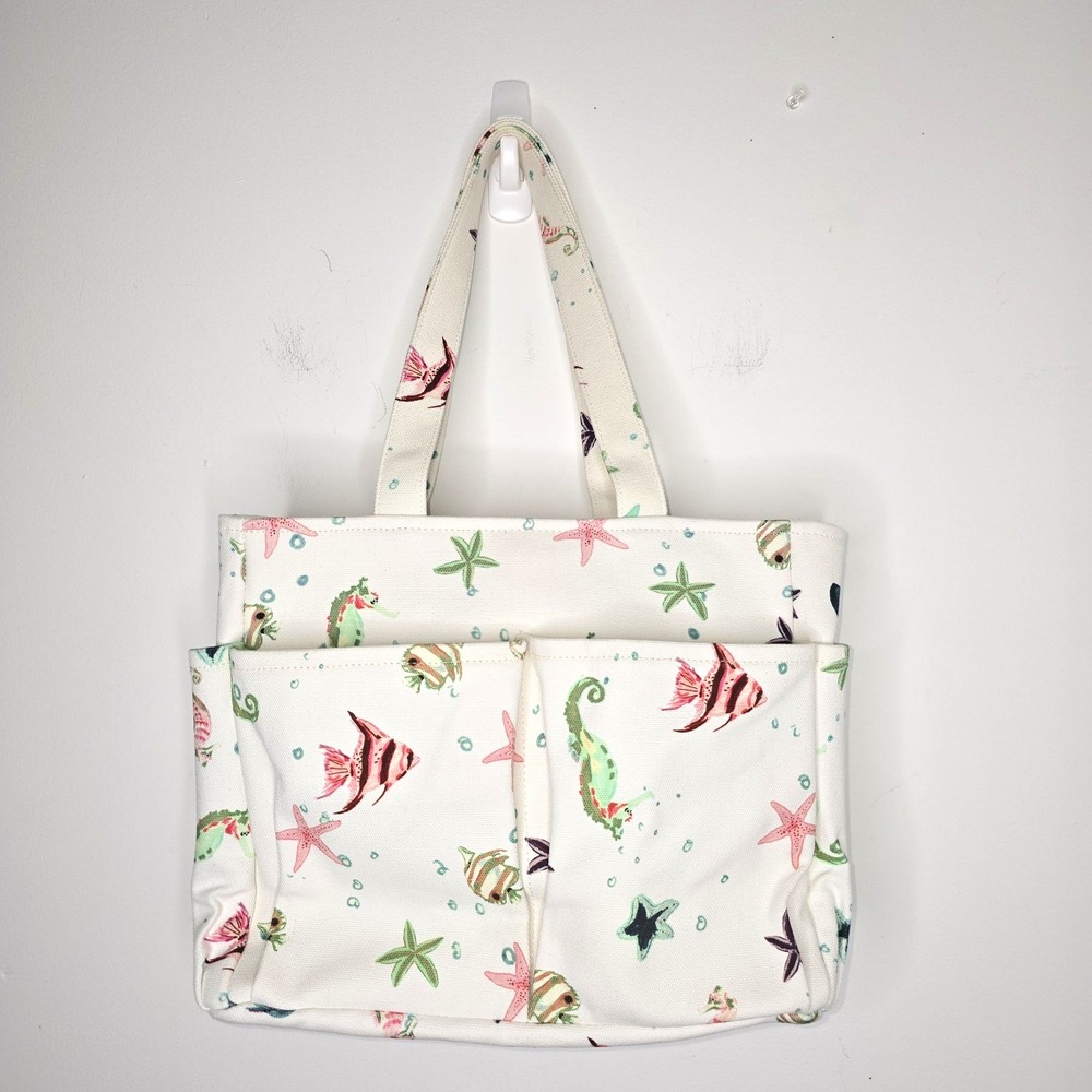 Hill House Market Tote Handbag Ocean Marine Starfish Fish Print Pockets Canvas